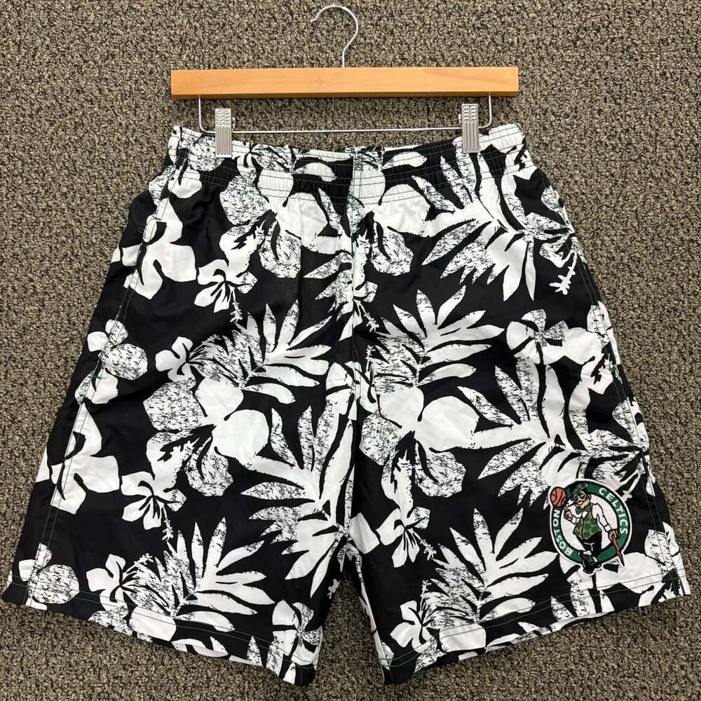 Boston Celtics NBA Men's Black and White Floral Print Beach Shorts Swim Trunks